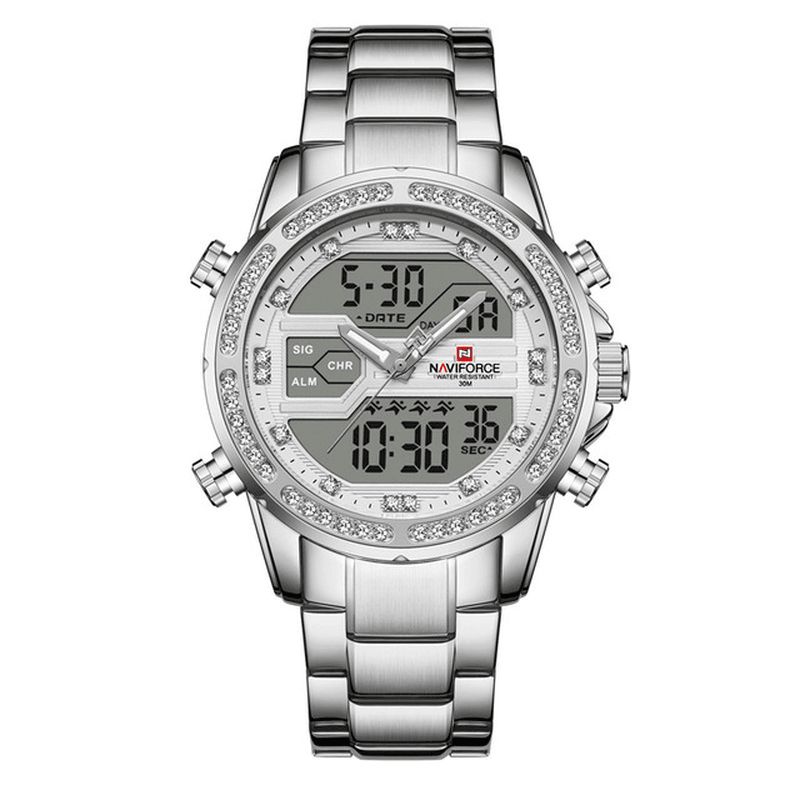 Naviforce 9190 Crystal Full Steel Band Dual Display Watch Calendar Alarm Herrearmbåndsur