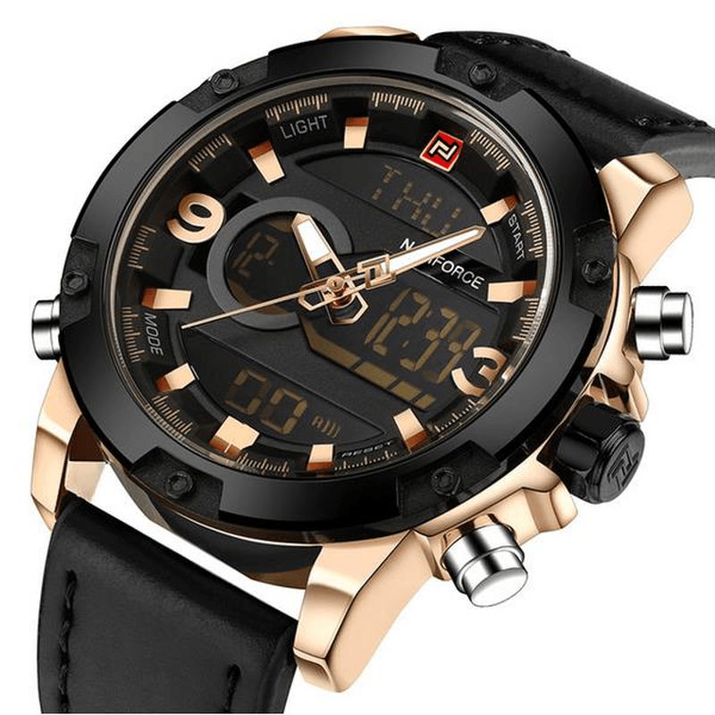 Naviforce Nf9097 Mode Herre Dual Display Watch Luksus Læderrem Sportsur