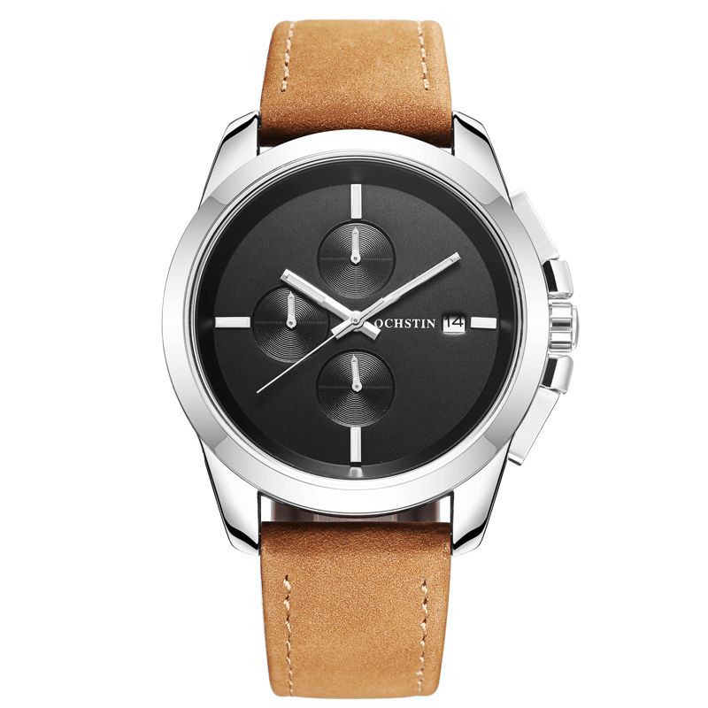 Ochstin Gq059A Ægte Læder Casual Style Herre Armbåndsur Kalender Quartz Ur