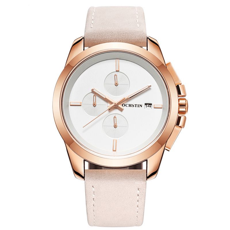 Ochstin Gq059A Ægte Læder Casual Style Herre Armbåndsur Kalender Quartz Ur