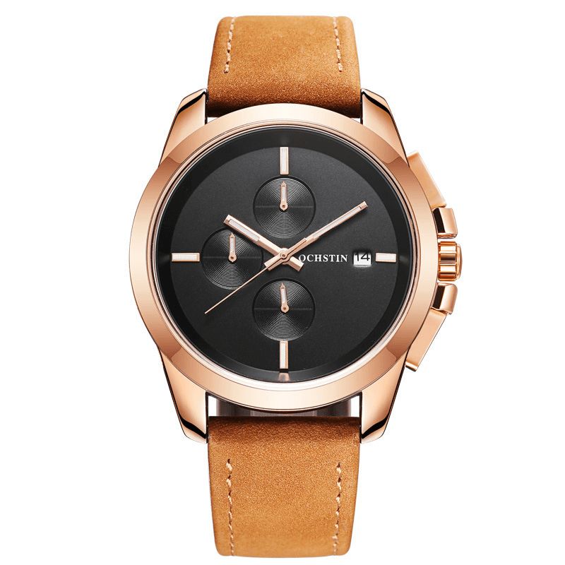 Ochstin Gq059A Ægte Læder Casual Style Herre Armbåndsur Kalender Quartz Ur