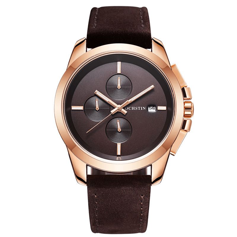 Ochstin Gq059A Ægte Læder Casual Style Herre Armbåndsur Kalender Quartz Ur