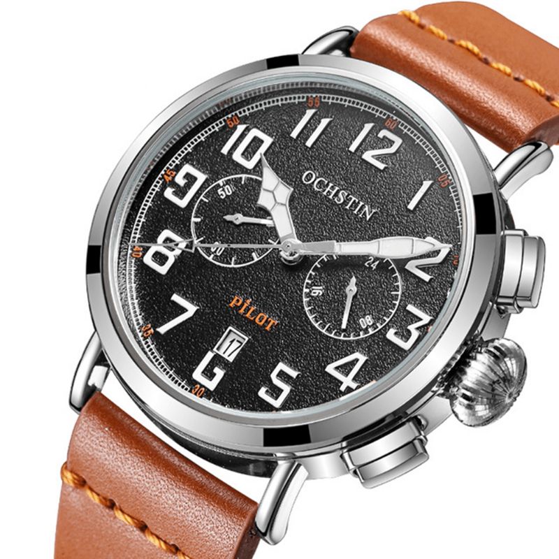 Ochstin Gq077A Kalender Casual Style Herre Armbåndsur Læderrem Elegant Quartz ur