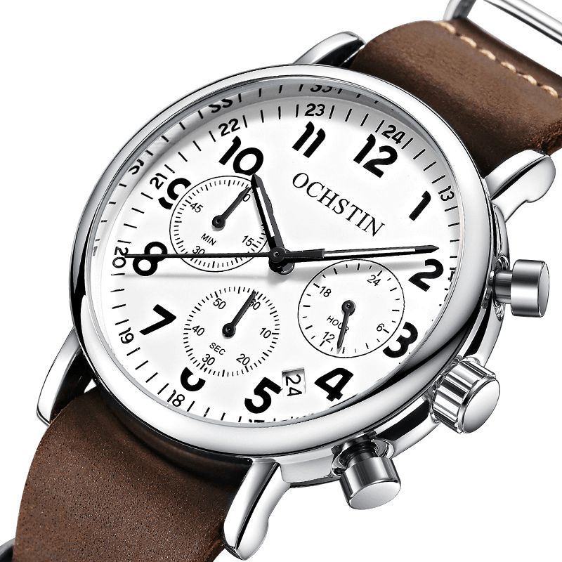 Ochstin Gq081A Chronograph Casual Style Herrearmbåndsur Ægte Læderbånd Kvartsur