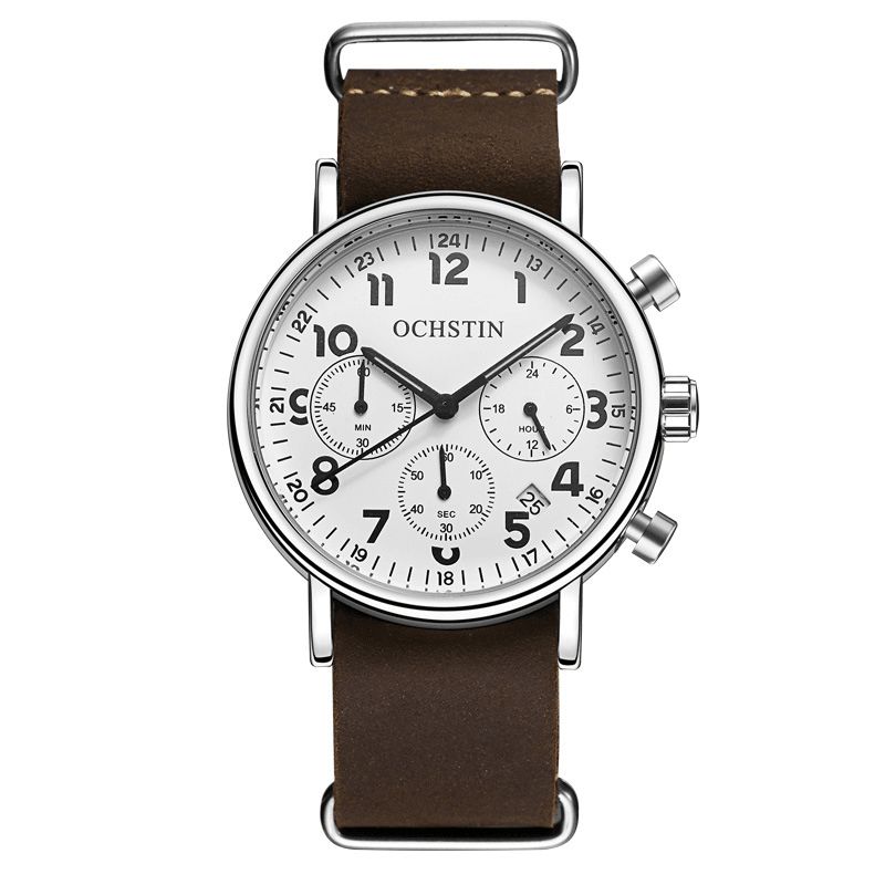 Ochstin Gq081A Chronograph Casual Style Herrearmbåndsur Ægte Læderbånd Kvartsur