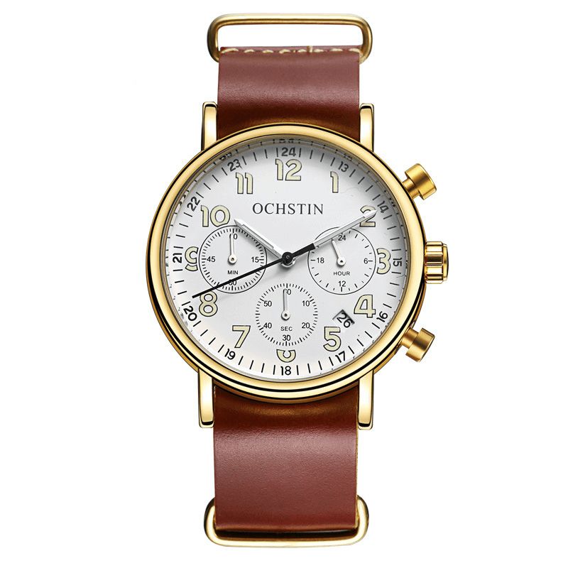 Ochstin Gq081A Chronograph Casual Style Herrearmbåndsur Ægte Læderbånd Kvartsur