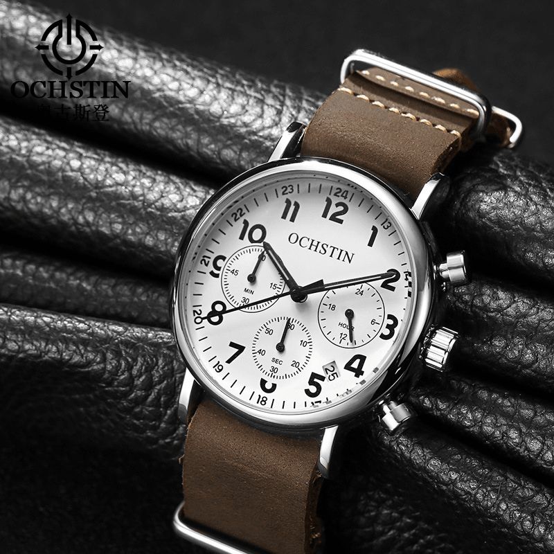 Ochstin Gq081A Chronograph Casual Style Herrearmbåndsur Ægte Læderbånd Kvartsur