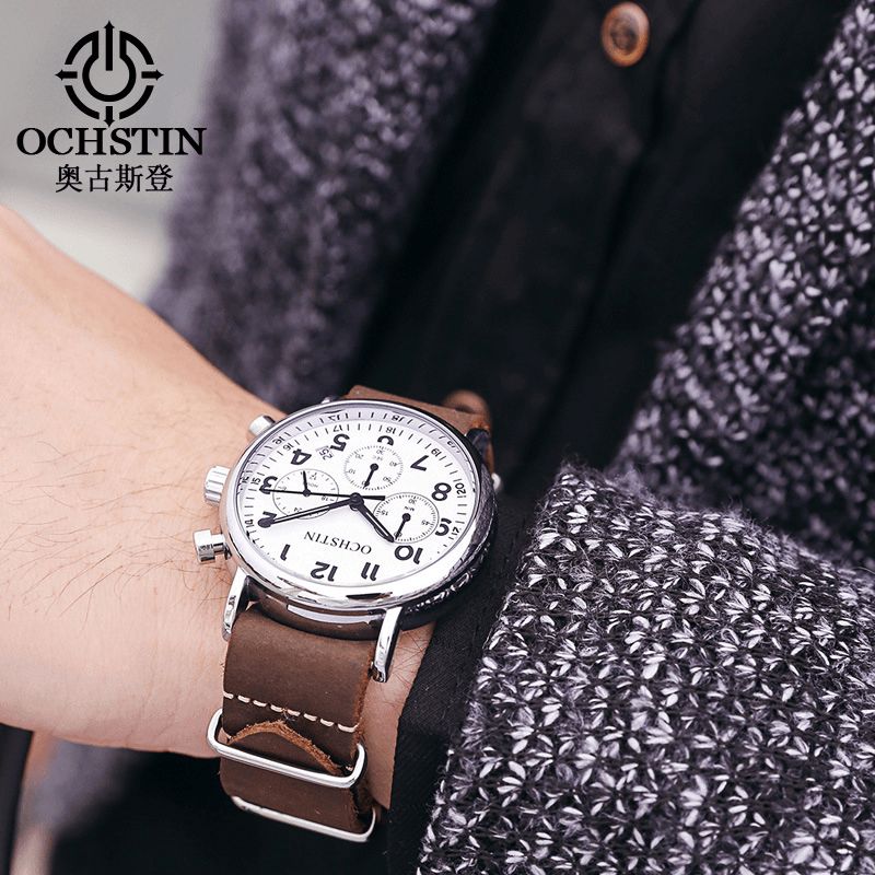 Ochstin Gq081A Chronograph Casual Style Herrearmbåndsur Ægte Læderbånd Kvartsur