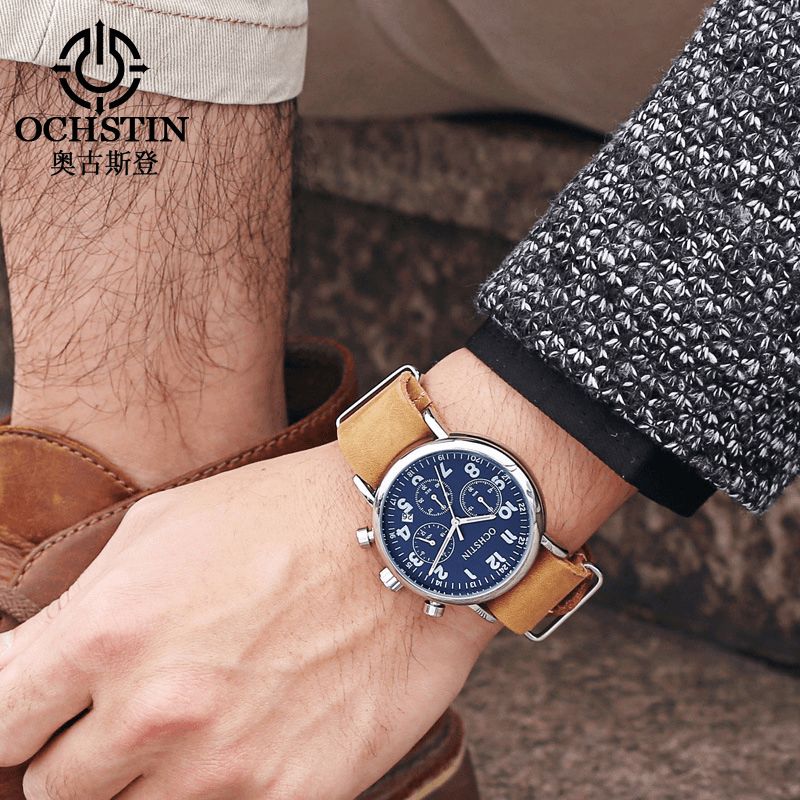 Ochstin Gq081A Chronograph Casual Style Herrearmbåndsur Ægte Læderbånd Kvartsur