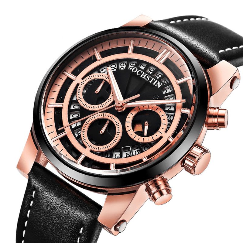 Ochstin Gq6110A Lysende Display Til Mænd Armbåndsur Chronograph Læderrem Quartz Ure