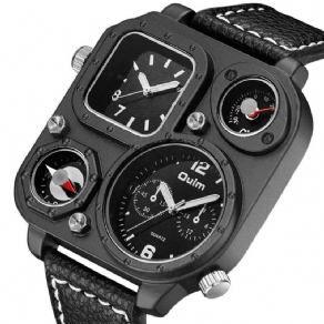 Oulm 1169 Square Dial Herrearmbåndsur Dual Time Zone Compass Læderbånd Quartz ur