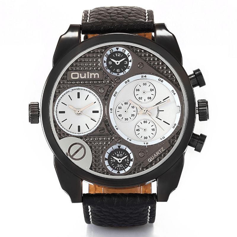 Oulm 9316 Vintage Mode Herreur Stor Urskive Dual Time Zone Vandtæt Læderbånd Quartz Ur