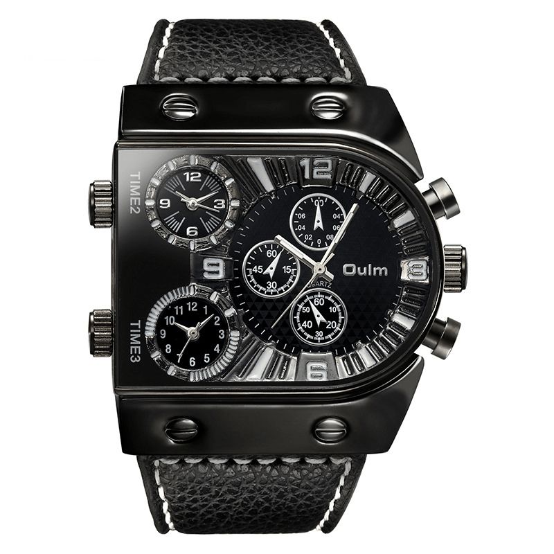 Oulm Big Dial Vintage Multi Time Zones Quartz ur Pu Læder Band Herre Armbåndsur