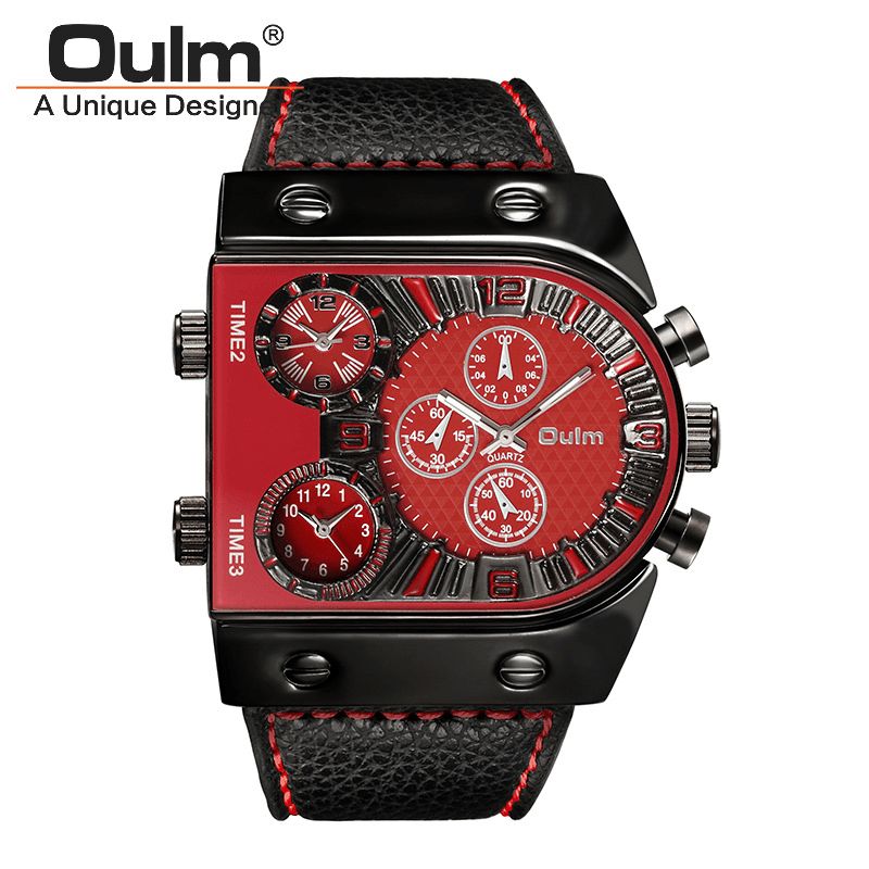 Oulm Big Dial Vintage Multi Time Zones Quartz ur Pu Læder Band Herre Armbåndsur