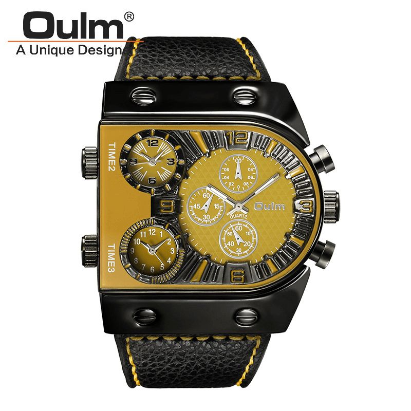 Oulm Big Dial Vintage Multi Time Zones Quartz ur Pu Læder Band Herre Armbåndsur