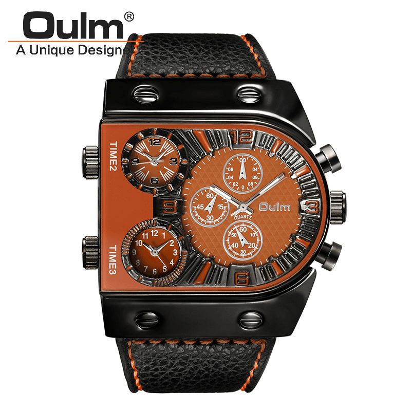 Oulm Big Dial Vintage Multi Time Zones Quartz ur Pu Læder Band Herre Armbåndsur