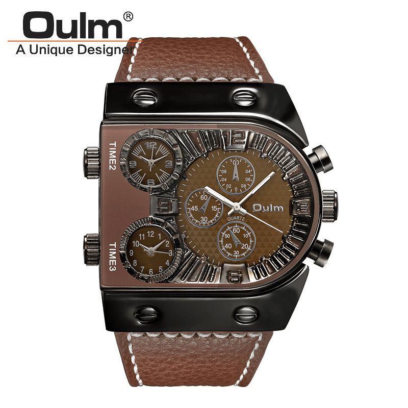 Oulm Big Dial Vintage Multi Time Zones Quartz ur Pu Læder Band Herre Armbåndsur