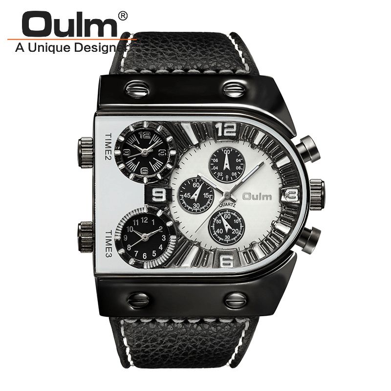 Oulm Big Dial Vintage Multi Time Zones Quartz ur Pu Læder Band Herre Armbåndsur