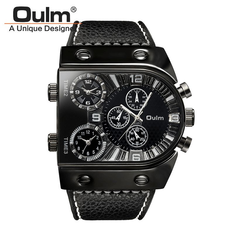 Oulm Big Dial Vintage Multi Time Zones Quartz ur Pu Læder Band Herre Armbåndsur