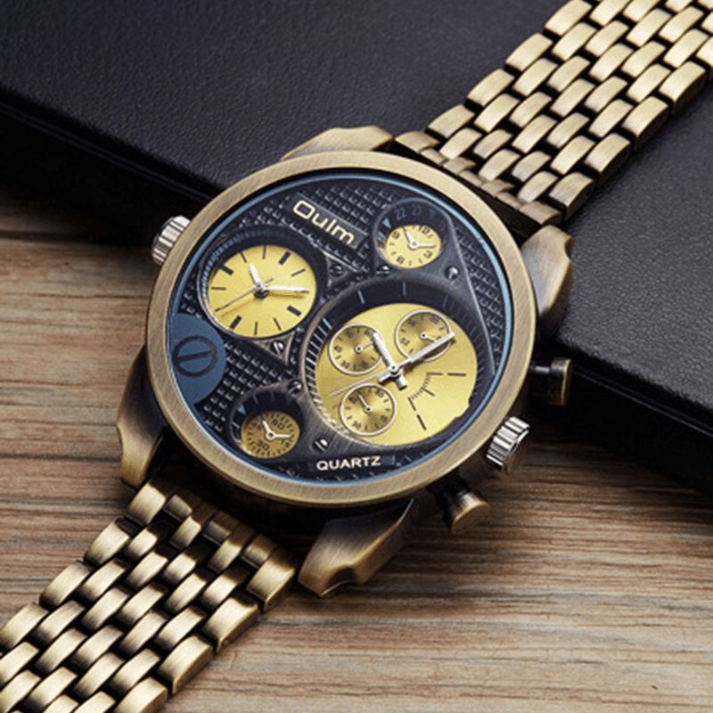 Oulm Business Vintage Large Dial Dual Time Zone Alloy Band Herre Quartz ur