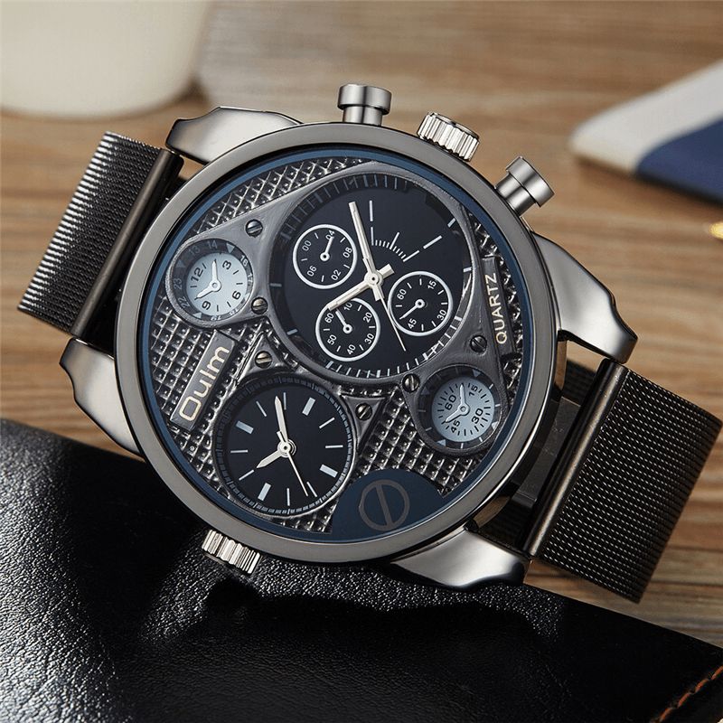 Oulm Ht9316B Vintage Mode Quartz ur Large Dial Dual Time Zone Mesh Band Herreur