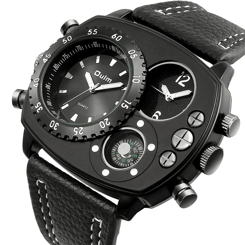 Oulm Large Dial Herreur Dual Time Zone Compass Læder Quartz ur