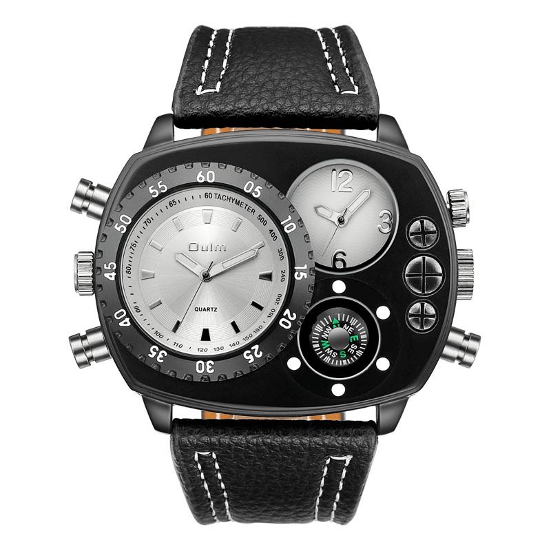 Oulm Large Dial Herreur Dual Time Zone Compass Læder Quartz ur