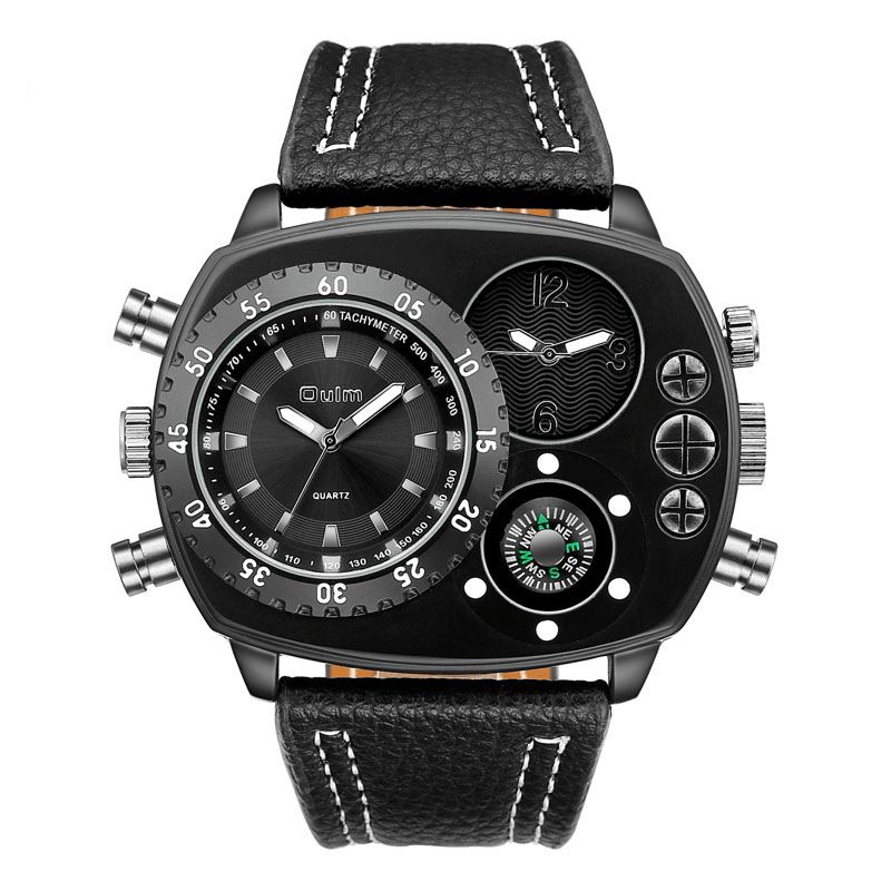 Oulm Large Dial Herreur Dual Time Zone Compass Læder Quartz ur