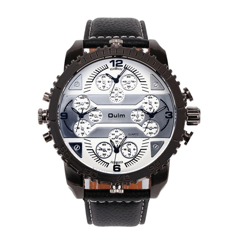 Oulm Vintage Herreur Stor Urskive Multi-Time Zone Watch Lysende Vandtæt Quartz Ur