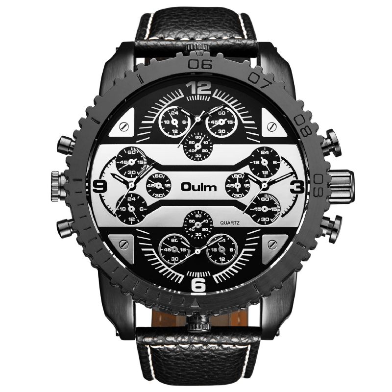 Oulm Vintage Herreur Stor Urskive Multi-Time Zone Watch Lysende Vandtæt Quartz Ur