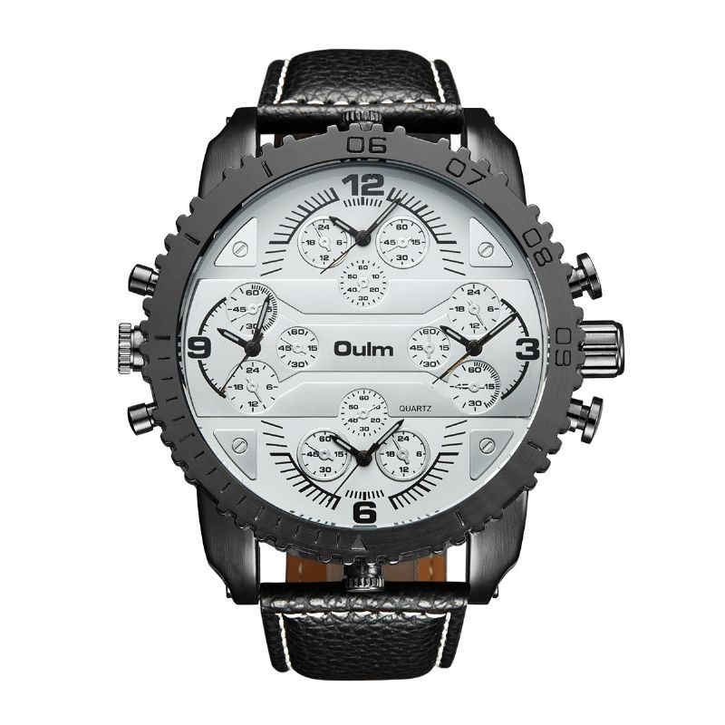 Oulm Vintage Herreur Stor Urskive Multi-Time Zone Watch Lysende Vandtæt Quartz Ur