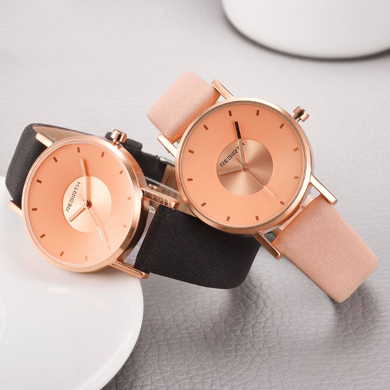 Rebirth Re055 Rose Gold Case Kvinder Armbåndsur Casual Style Gave Læderrem Quartz Ure