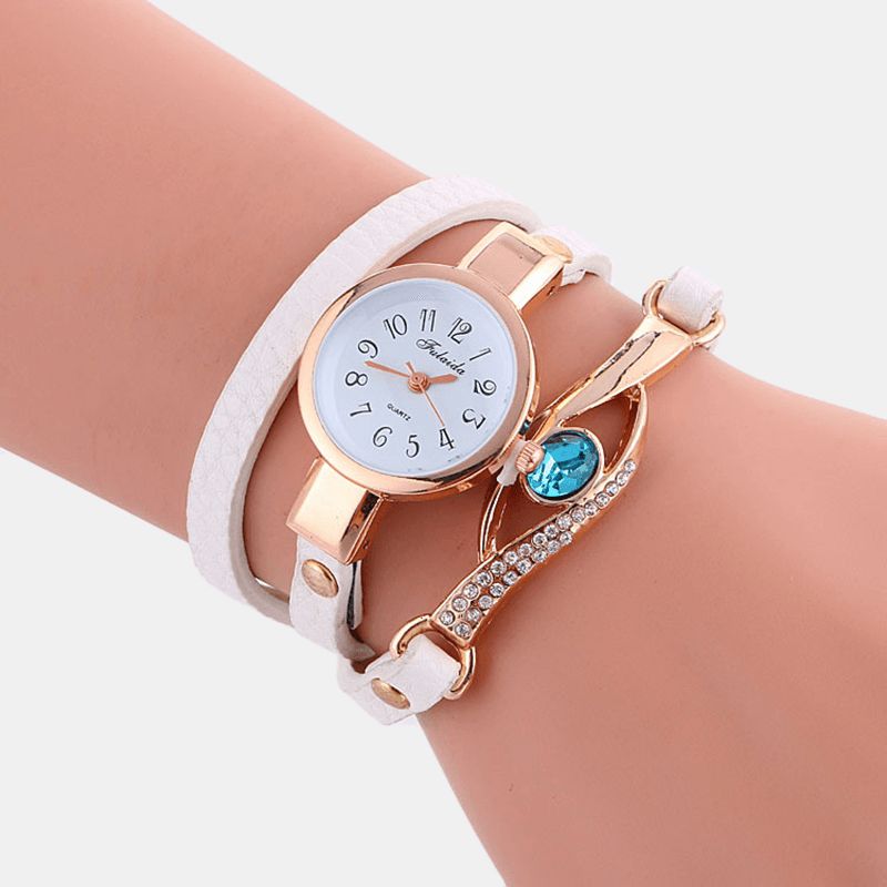 Retro Pu-Rem Rhinestone Multi-Layer Lady Watch Metal Blå Krystal Justerbar Armbåndsur Quartz ur