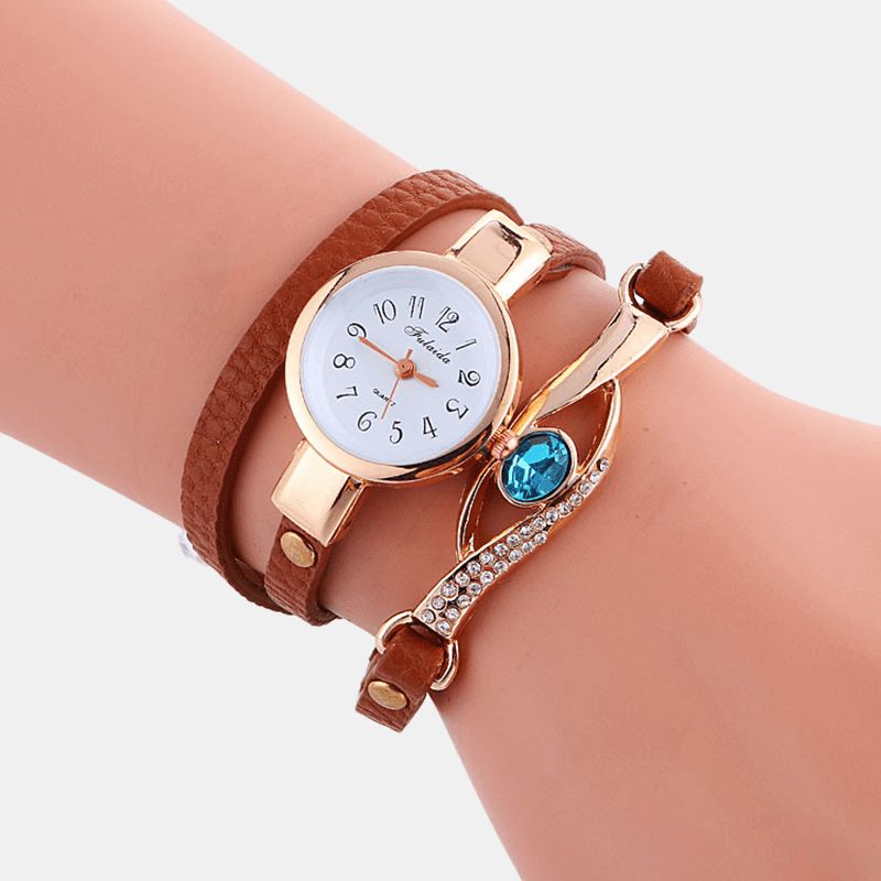 Retro Pu-Rem Rhinestone Multi-Layer Lady Watch Metal Blå Krystal Justerbar Armbåndsur Quartz ur