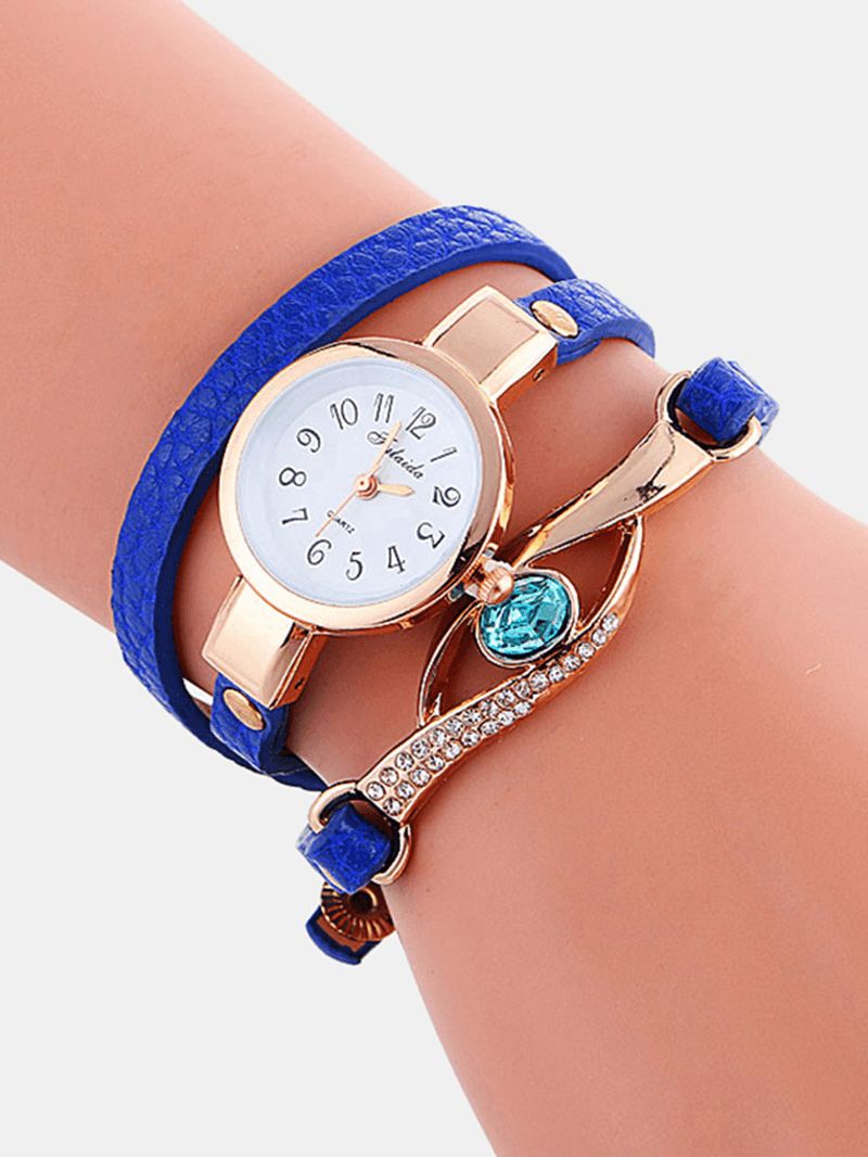 Retro Pu-Rem Rhinestone Multi-Layer Lady Watch Metal Blå Krystal Justerbar Armbåndsur Quartz ur