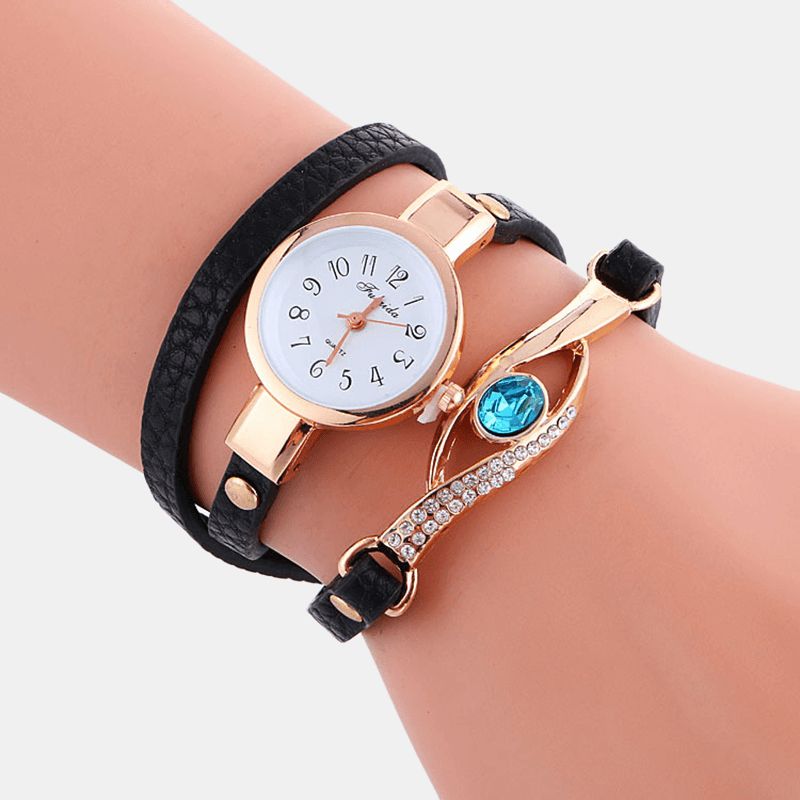 Retro Pu-Rem Rhinestone Multi-Layer Lady Watch Metal Blå Krystal Justerbar Armbåndsur Quartz ur