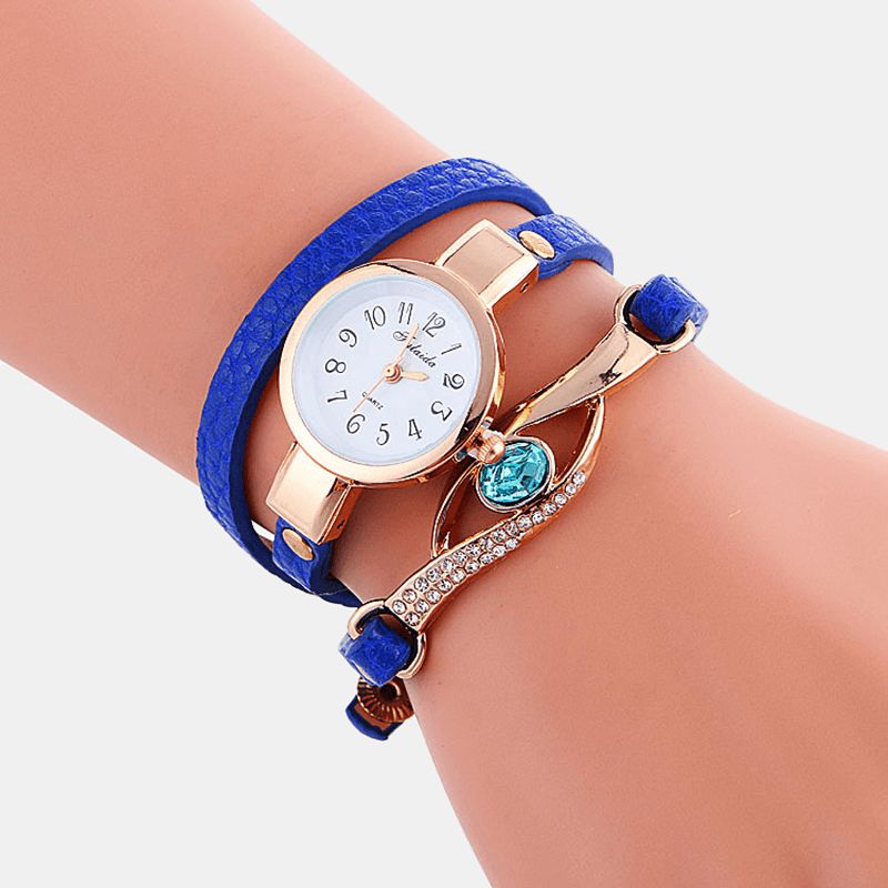 Retro Pu-Rem Rhinestone Multi-Layer Lady Watch Metal Blå Krystal Justerbar Armbåndsur Quartz ur