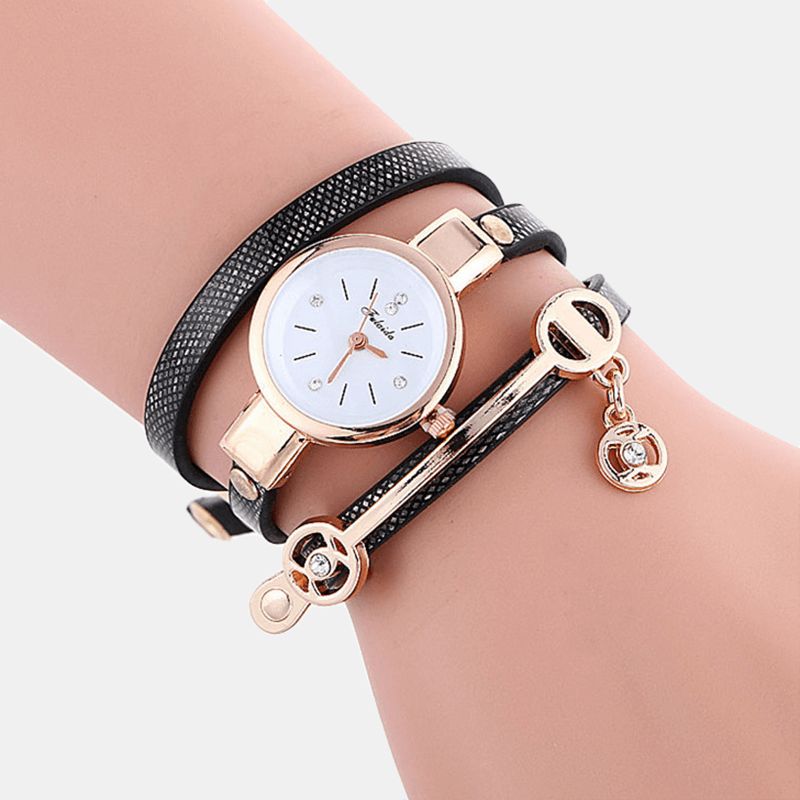 Retro Pu-Rem Rhinestone Multi-Layer Watch Metal Pendant Justerbar Classic Lady Quartz ur