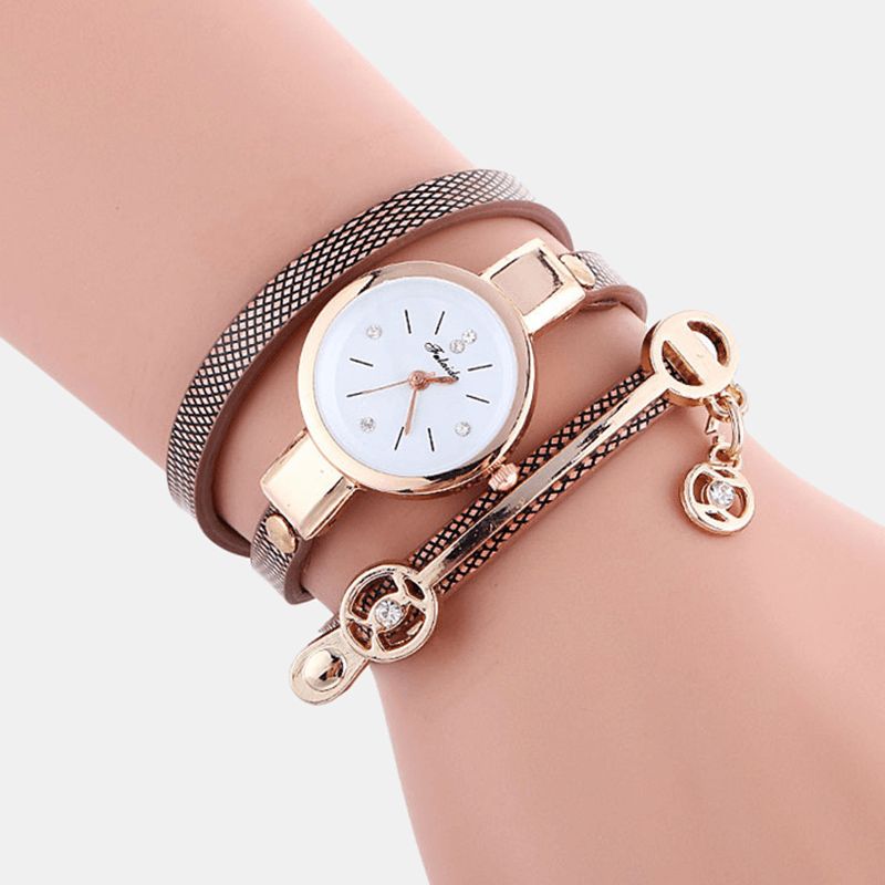 Retro Pu-Rem Rhinestone Multi-Layer Watch Metal Pendant Justerbar Classic Lady Quartz ur