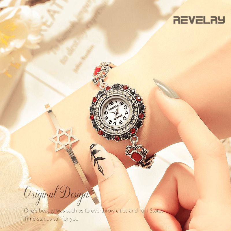 Revelry R1097 Flower Dial Retro Stil Damearmbåndsur Crystal Quartz Ure