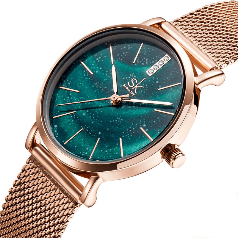 Shengke Sk K0103 Aurora Starry Dial Crystal Kvinder Elegant Mesh Stålrem Quartz ur