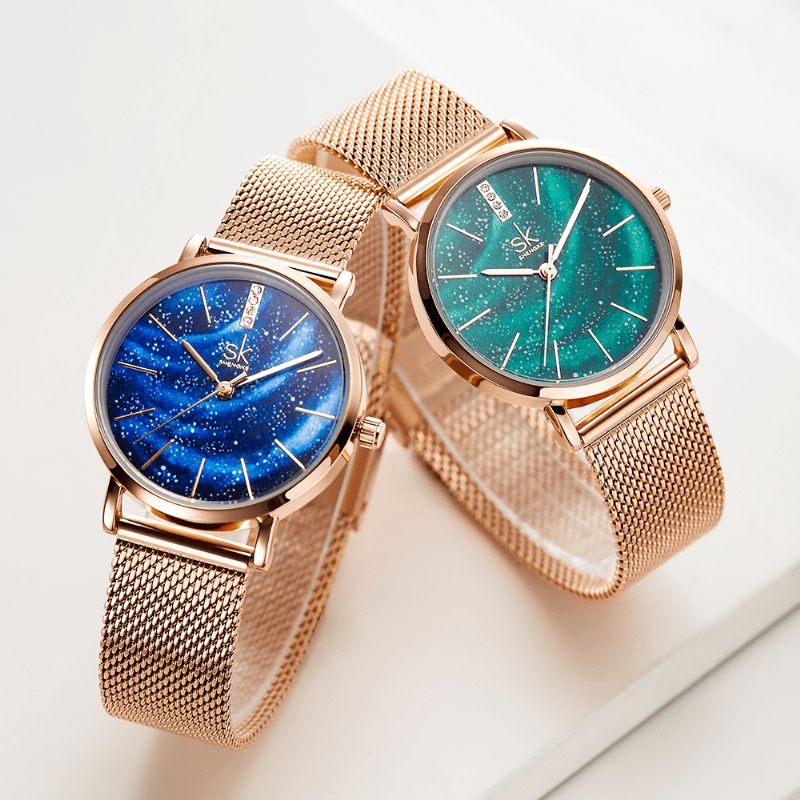 Shengke Sk K0103 Aurora Starry Dial Crystal Kvinder Elegant Mesh Stålrem Quartz ur