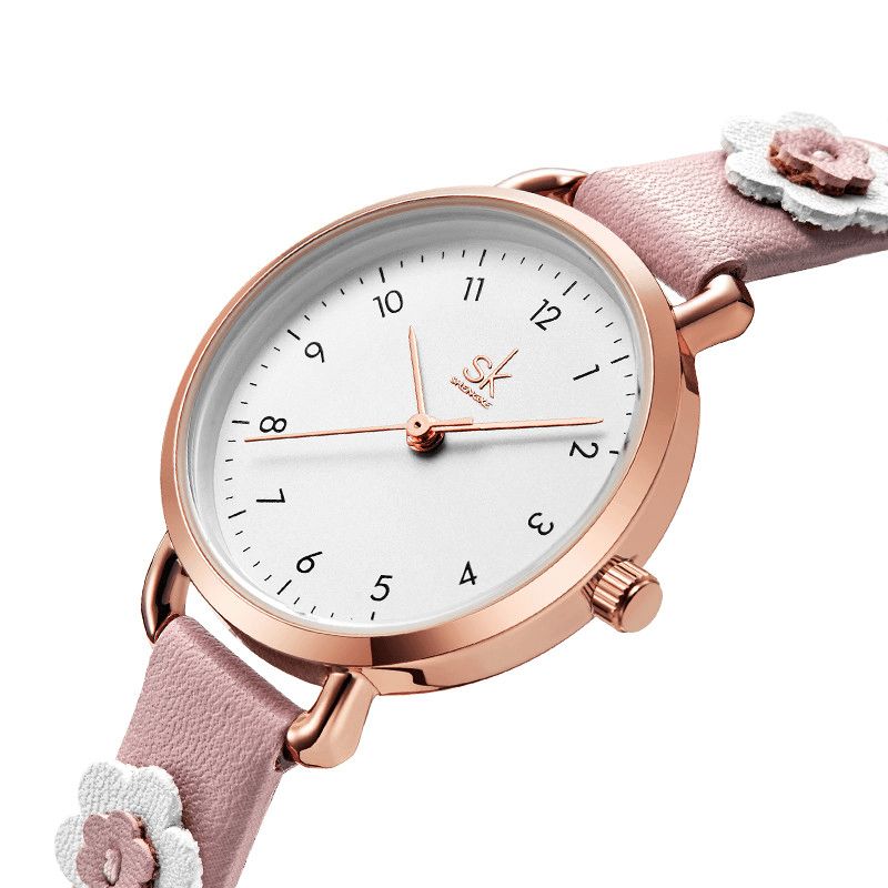 Shengke Sk K9019 Kvinder Mode Flower Læderrem Simple Dial Quartz ur