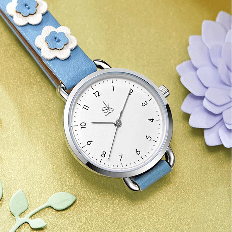 Shengke Sk K9019 Kvinder Mode Flower Læderrem Simple Dial Quartz ur