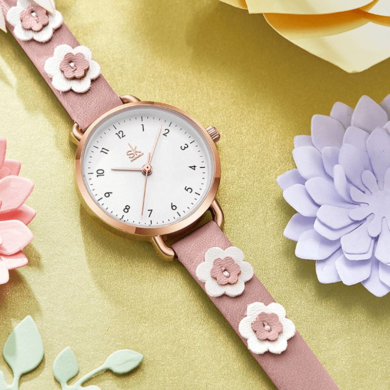 Shengke Sk K9019 Kvinder Mode Flower Læderrem Simple Dial Quartz ur