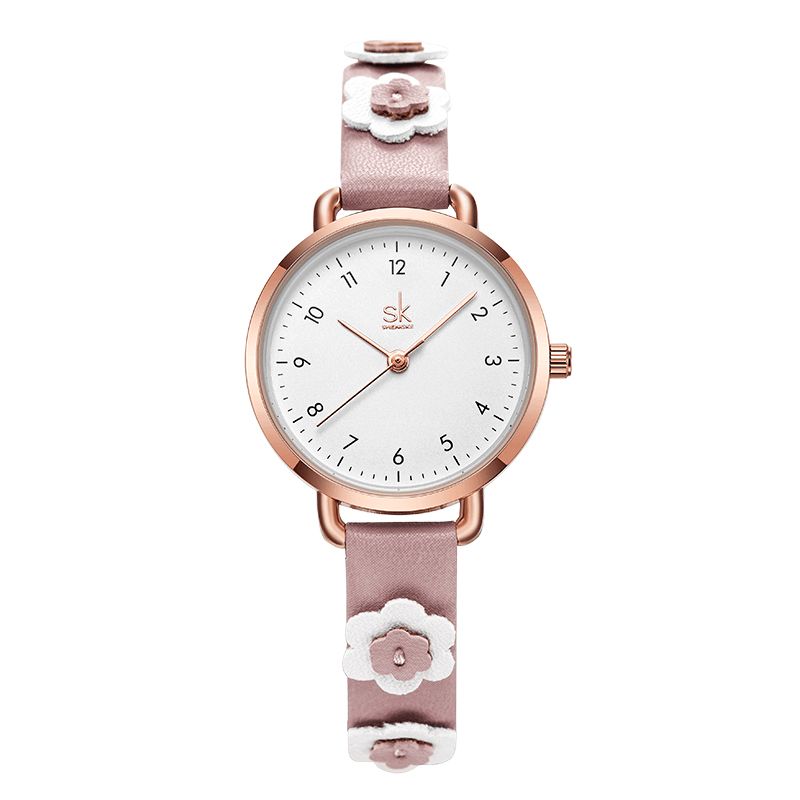 Shengke Sk K9019 Kvinder Mode Flower Læderrem Simple Dial Quartz ur