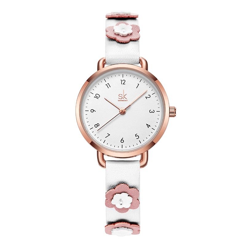 Shengke Sk K9019 Kvinder Mode Flower Læderrem Simple Dial Quartz ur