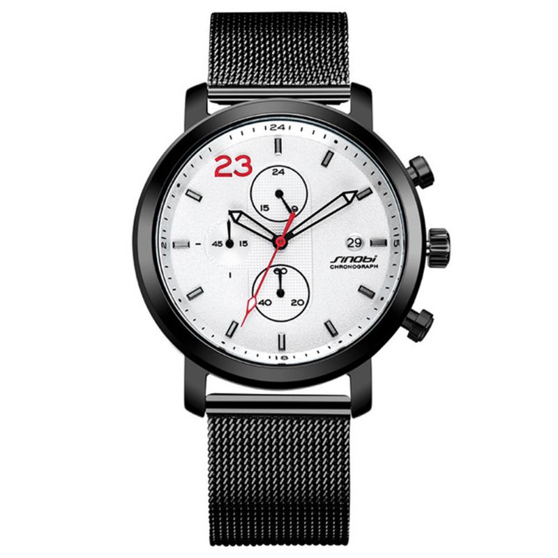 Sinobi 9765 Chronograph Casual Style Mænd Armbåndsur Mesh Stålrem Kvartsure