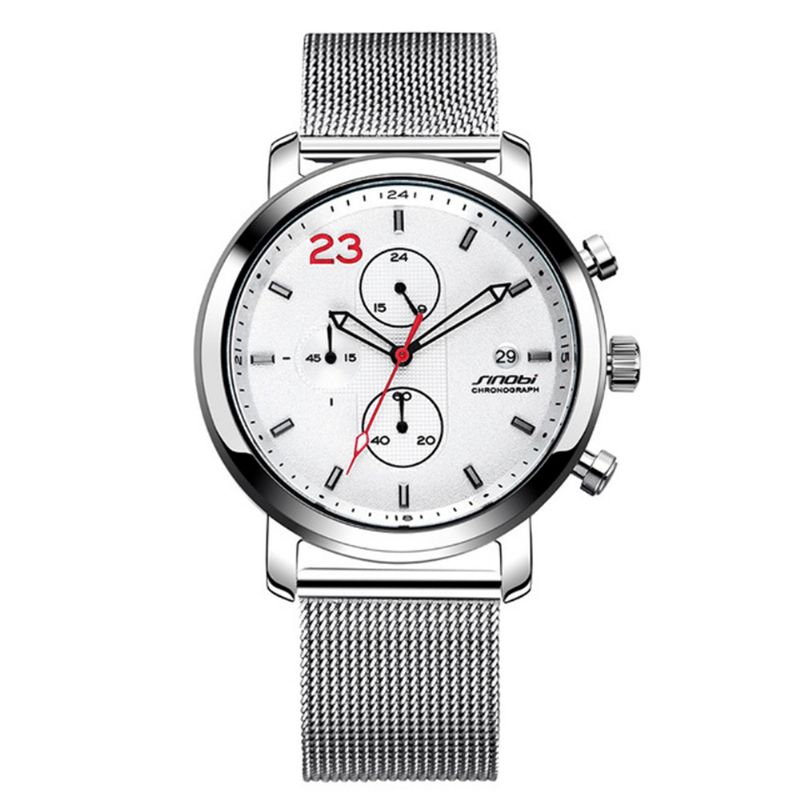 Sinobi 9765 Chronograph Casual Style Mænd Armbåndsur Mesh Stålrem Kvartsure