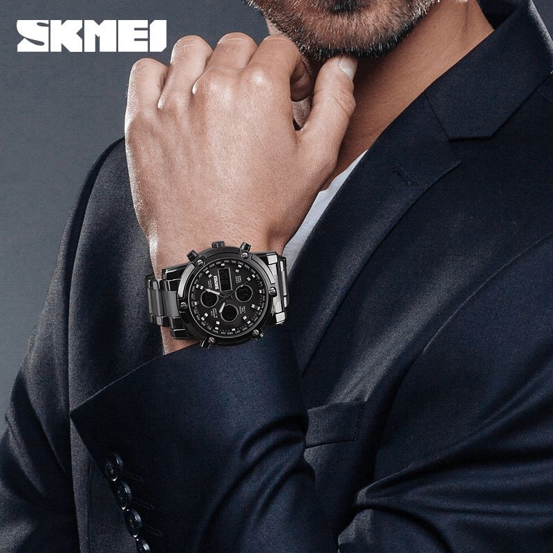 Skmei 1389 Business Style Multifunktion Big Dial Quartz ur Vandtæt Stålbånd Herrearmbåndsur